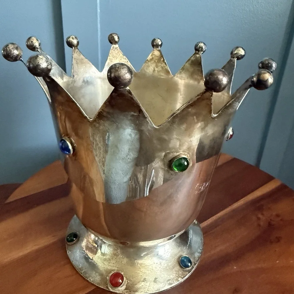 Vintage Jeweled Crown Ice Bucket Silver Plate Mid Century Barware Carnival Queen